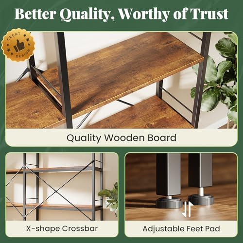 Huuger 5 Tier Bookshelf, L Shaped Corner Bookshelf with 10 Open Shelves, 49.4 Inch Straight Wide Bookcase with Metal Frame and Wooden Board, Adjustable Feet, Rustic Brown - Image 6