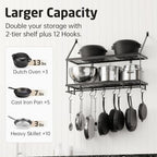 KES 30-Inch Kitchen Pot Rack - Mounted Hanging Rack for Kitchen Storage and Organization - Matte Black 2-Tier Wall Shelf with Guard Rail for Pots and Pans Organizer with 12 Hooks - KUR215S75B-BK - Image 2