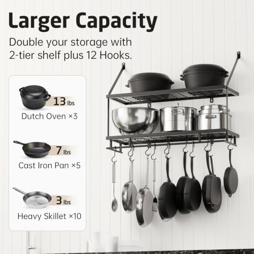 KES 30-Inch Kitchen Pot Rack - Mounted Hanging Rack for Kitchen Storage and Organization - Matte Black 2-Tier Wall Shelf with Guard Rail for Pots and Pans Organizer with 12 Hooks - KUR215S75B-BK - Image 2