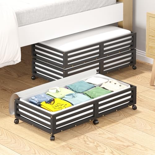 Wisuce Bamboo Under Bed Storage Containers- Underbed Organizer with Wheels with Large Dust Bag,Sturdy Wood Rolling Under the Bed Shoe Storage Organizer Drawer 2 Packs (Black, 2 Pack (30.72"×16.54")) by Wisuce