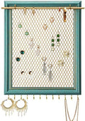 Heesch Hanging Earring Organizer Frame Wall Mounted Jewelry Holder Vintage Rustic Stud Earring Display with Removable Rod and 12 Hooks for Necklaces, Bracelets and Rings (Teal) by Heesch