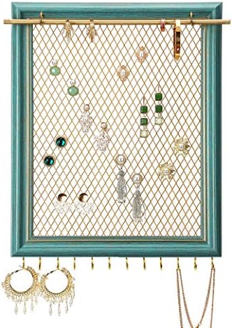 Heesch Hanging Earring Organizer Frame Wall Mounted Jewelry Holder Vintage Rustic Stud Earring Display with Removable Rod and 12 Hooks for Necklaces, Bracelets and Rings (Teal) by Heesch