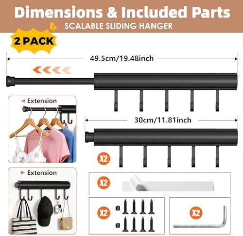 Pisman Valet Rod for Closet Pull Out 12 Inch with 5 Hooks - Black 2 Pack - Image 3