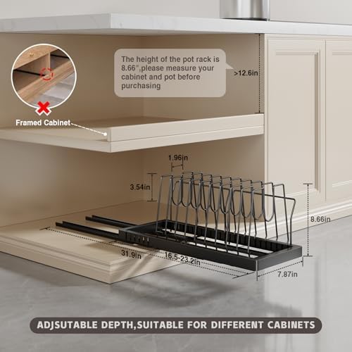 Magheo Pots and Pans Organizer Under Cabinet, 22" Deep Expandable Pull Out Pot Lid Organizer and Storage with 10 Adjustable Dividers No Drill Pot and Pan Holder Rack with Handle Bracket(1 Pack,Black) - Image 6