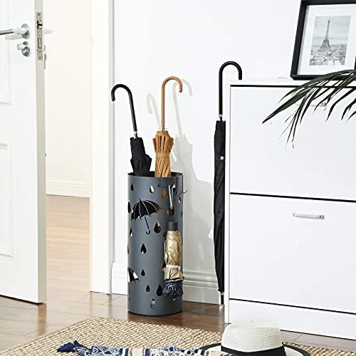 SONGMICS Umbrella Stand, Metal Umbrella Holder for Entryway, with Water Tray and 4 Hooks, 7.7 x 7.7 x 19.3 Inches, Round, Anthracite Gray ULUC23AG - Image 6