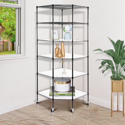 Bonnlo 6-Tier Rolling Heavy Duty Commercial Polygonal Corner Shelf Wire Shelving Unit Adjustable Storage Rack Free Standing Garage with 5 Wheels 26 4/5" L x 26 4/5" W x 71" H Inches (Black) - Image 2