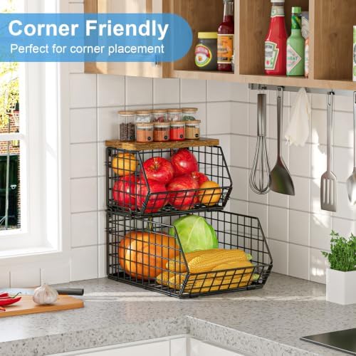 Potato and Onion Storage Bin with Wooden Top, 2-Tier Stackable Wire Basket - Image 6
