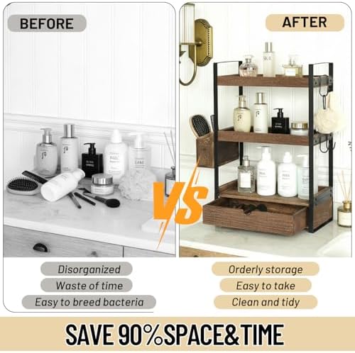 3-Tier Bathroom Counter Organizer with Drawer Basket and Hooks, Wood Bathroom Organizers and Storage for Countertop, Farmhouse Countertop Organizer, Counter Shelf for Vanity, Kitchen,Office - Image 6