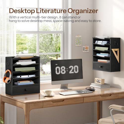 HOOBRO Wall File Organizer, Mail Organizer Wall Mounted, Wooden Literature Organizer, Construction Paper Organizer with Drawer Storage and 2 Hooks, for Office, Classroom, Home, Black BK14WF01 - Image 2