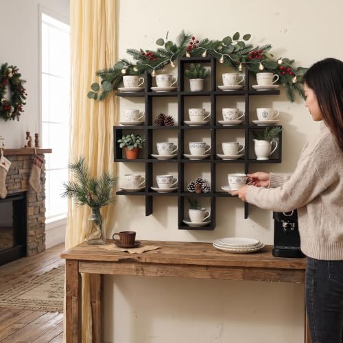 Suzile 5x5 Wall Shelf for Tea Cups Saucers, Rustic Wood Rack, Black - Image 6