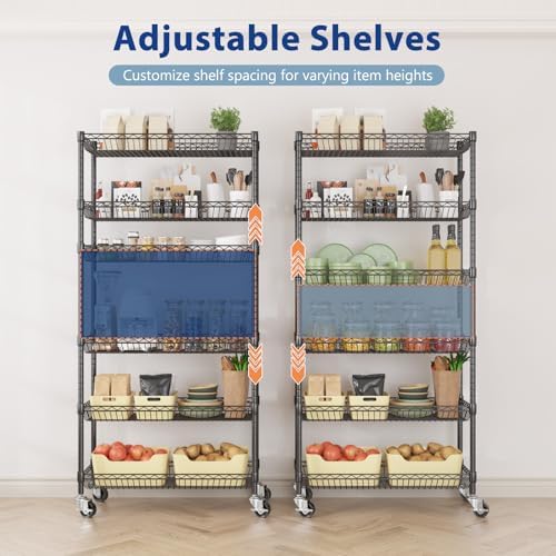 Homdox 6-Tier Rolling Wire Basket Shelf, Adjustable Metal Storage Rack with Wheels for Pantry, Kitchen, Bathroom, Laundry Room and Closet, 30" W x 13.5" D x 65" H, Black - Image 4