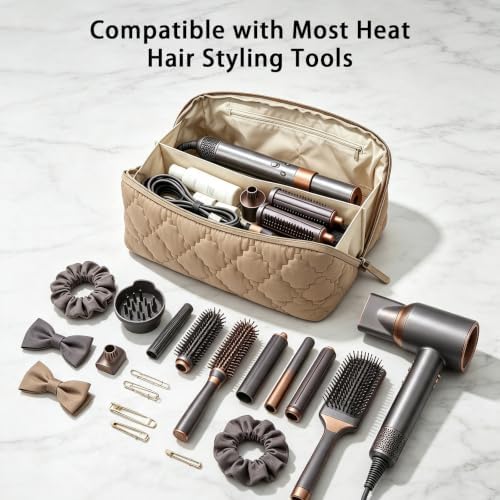Hair Tools Travel Bag 5-Piece Set with Heat Resistant Mat Insulated Pouch and 2 Cord Straps, Large Fabric Organizer for Hot Brush Curling Iron Flat Iron Hair Dryer, Available in Camel - Image 3