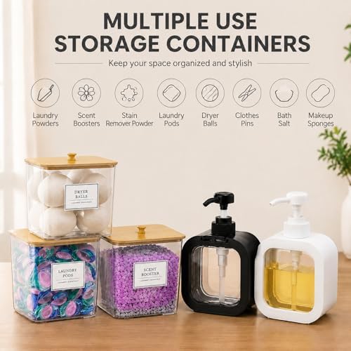 Laundry Room Organization Set, 3pack Wall Mounted Bamboo Floating Shelves with 4 Clear Laundry Pod Containers and 2 Soap Dispensers, No Drill Bathroom & Laundry Room Storage Organizer - Image 4