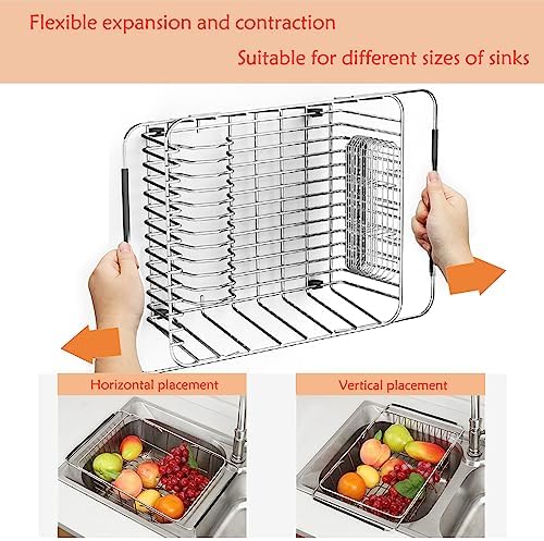 NiuYichee Stainless Steel Dish Drying Rack (15" L X 11" W X 4.1" H), Expandable Fruit & Vegetable Drain Rack Over Sink, Dish Drainer Rack in Sink, with Utensil Holder & Silicone Mat (16") - Image 5