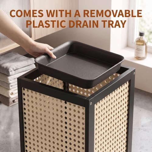 TrailBlaze Rattan-Style Wooden Umbrella Stand for Entryway, Slim Square Umbrella Holder - Removable Drain Tray - Metal Hooks & Raised Feet, Black, 51 x 24 x 24 cm - Image 6