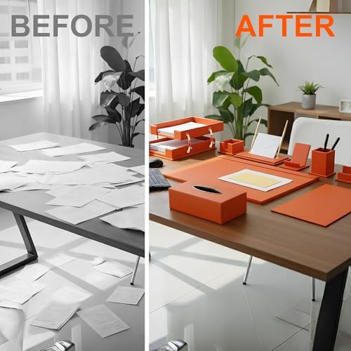Luxury Executive Leather Desk Organizer Set –13-Piece Office Desk Accessories with Desk Pad, Letter Tray, Phone Stand, Pen Holder & Coasters – Professional Office Desk Decor & Gift (Orange) - Image 6