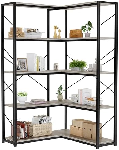 Shintenchi 5 Tier Corner Bookshelf, L Shaped Large Bookcase, Grey - Image 3