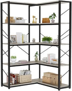 Shintenchi 5 Tier Corner Bookshelf, L Shaped Large Bookcase, Grey - Image 3