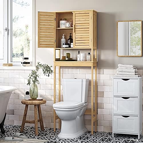 SONGMICS Bamboo Over The Toilet Storage Cabinet, Adjustable Inside Shelf - Image 2