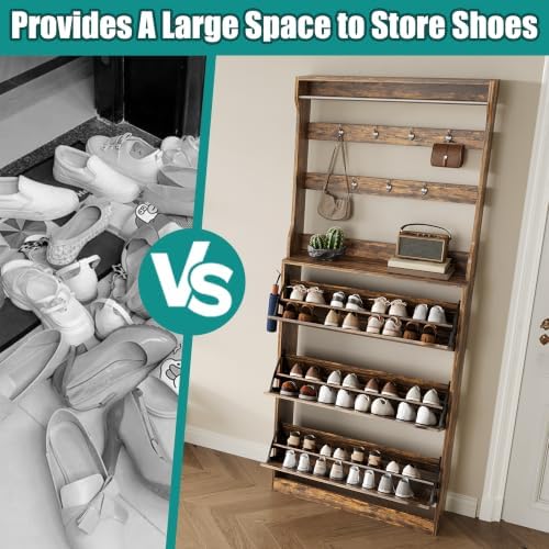 Shoe Cabinet for Entryway with 3 Flip Drawers, Brown Tall Wood Shoe Storage Cabinet with Coat Rack, Narrow Hidden Slim Freestanding Shoe Rack Organizer, 2 in 1 Hall Tree for Living Room, Hallway - Image 6