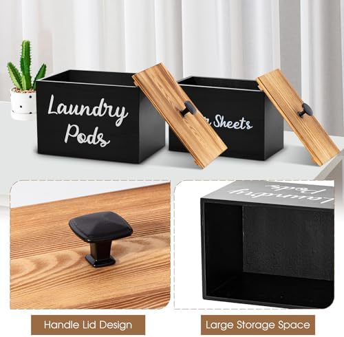 Dandat 2 Pcs Wood Rustic Laundry Dryer Sheet Holder Pod Container with Lid 8.7 x 6.3 x 6.4 Inch Laundry Pod Holder 7.3 x 3.7 x 5 Inch Dryer Sheet Dispenser Wooden Box Container(Black) - Image 6