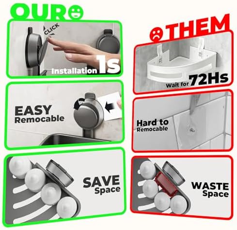 Corner Shower Caddy Suction Cup,Shower Shelves with Hooks,No Drilling Powerful Upgrade Suction Bathroom Corner Organizers and Storage,Removable Waterproof Rustproof Shower Shelf Bathroom Decor - Image 6