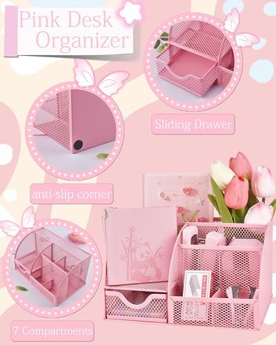 23pc Pink Desk Accessories and Organizers with Mesh Organizer Stapler Tape Dispenser Calculator and a Lot of Office Pink Office Supplies Beautifully Presented in a Gift Box - Image 2