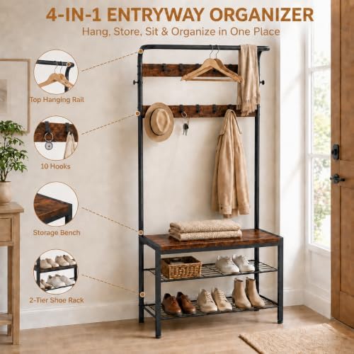 Simple Deluxe 4-in-1 Hall Tree with Bench and Shoe Storage, Entryway Coat Rack with 10 Hooks, Freestanding Mudroom Organizer with 2-Tier Shoe Rack for Entryway Bedroom Foyer, Brown - Image 2
