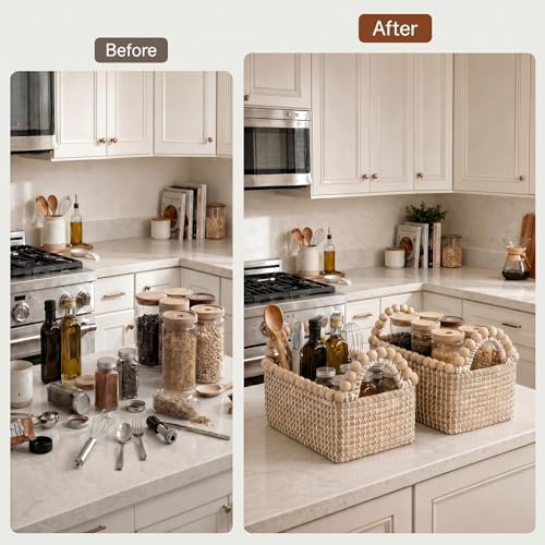 Boho Wicker Storage Baskets for Shelves: Set of 3 Woven Decorative Storage Bins with Handles, Stackable Seagrass Shelf Baskets for Organizing, Wicker Basket for Bathroom, Bedroom, Closet, Pantry - Image 7