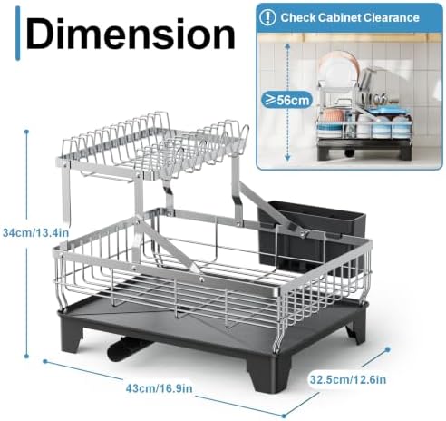 iSPECLE 2 Tier Dish Drying Rack for Kitchen Counter - Large Drainer, Silver - Image 6