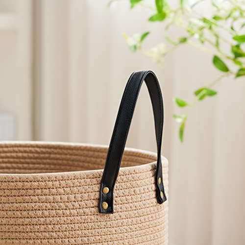 VIPOSCO 72L Tall Woven Rope Laundry Hamper, Leather Handles, Brown & Black - Image 3