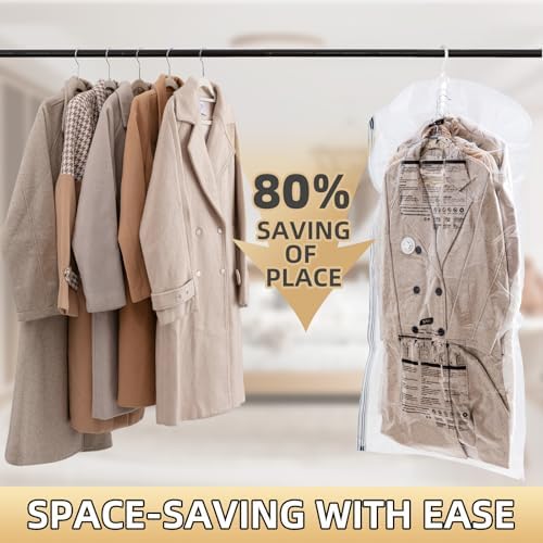 Hanging Vacuum Storage Bags, 6 Large Vacuum Pack Bags for Clothes Reusable Space Saver Bags Vacuum Compression Storage Bags for Winter Coats Wardrobe Coats, Suits & Dresses Garment 5-Ring Hangers - Image 2