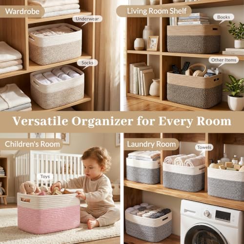 OIAHOMY 4 Pack Storage Basket, 13"x9"x7.8" Cotton Rope Baskets for Shelves, Closet Organizer for Bedroom & Living Room, Soft Decorative Bins for Organizing Towels, Books & Toys, Brown & Black - Image 4