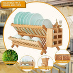 Bamboo Dish Drying Rack, 2 Tier Collapsible Dish Rack with Utensil Holder, Wooden Dish Drying Rack for Kitchen Counter, Large Folding Drying Holder, Dish Drainer 34 pcs Grid - Image 7