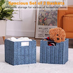 Vagusicc Wicker Storage Basket, Set of 2 Hand-Woven Storage Baskets for Shelves with Handles, Foldable Cube Storage Bins Organizer, Blue 13x13 Inch Large Wicker Baskets for Pantry Bedroom Decor, Blue - Image 6