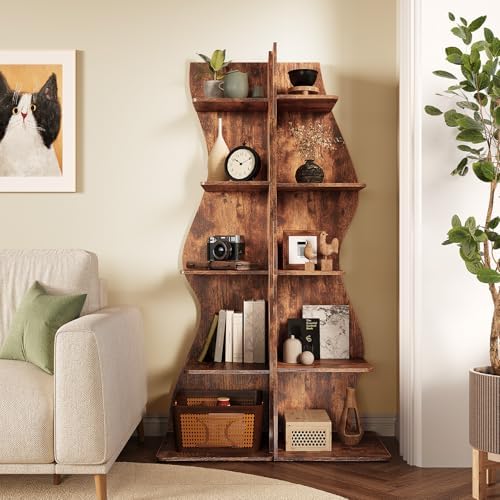 LITTLE TREE 70-Inch Corner Shelf, Seaweed Shaped Etagere Display Bookshelf, Freestanding 5-Tier Wall Shelves for Small Spaces, Living Room, Bedroom, Rustic, 1 Pack - Image 5
