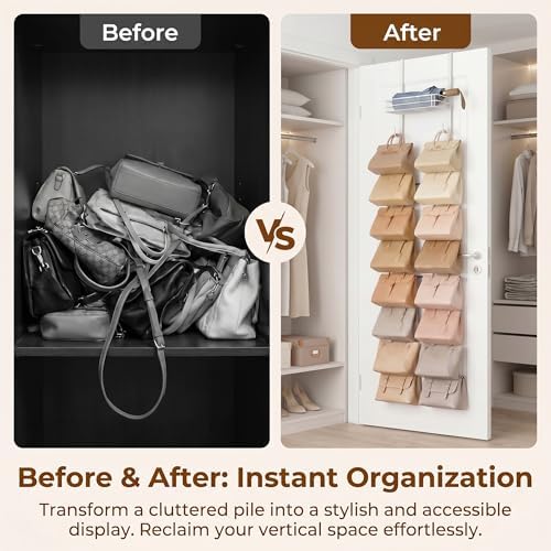 Over the Door Purse Organizer, Wall Mounted Handbag Storage Rack with 16 Hooks and Mesh Basket, Heavy Duty Carbon Steel Bag Holder for Closet, Entryway, Apartment Essentials, Splitable Design, White - Image 7
