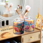 Fustylead 4 Pack Elegant Flamingos Standing on Beautiful Beach Plastic Apothecary Jar Set for Cotton Swab, Ball, Pad, Floss, Qtip Holder Dispensers for Bathroom Storage Organizer - Image 5