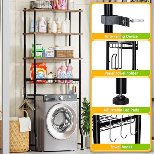 Over-The-Toilet Storage Shelf,4-Tier Bathroom Organizer Cabinet Rack And Storage Over Toilet With Shelf Waterproof Feet Pad And Basket,Multifunctional Space Saver Freestanding Bathroom Shelves（Brown） - Image 6