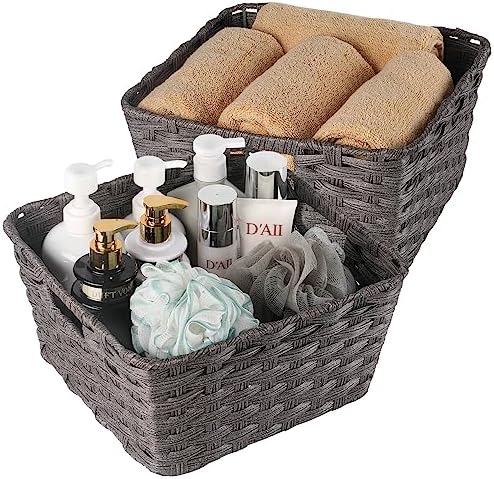 Onlytak 2-Pack Plastic Wicker Bathroom Baskets, 12"x12"x6", Dark Grey by onlytak