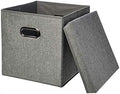 Amazon Basics Foldable Burlap Cloth Cube Storage Bins with Lid, Collapsible Organizing Containers, Stackable and Sturdy, Gray, Set of 2 by AmazonBasics