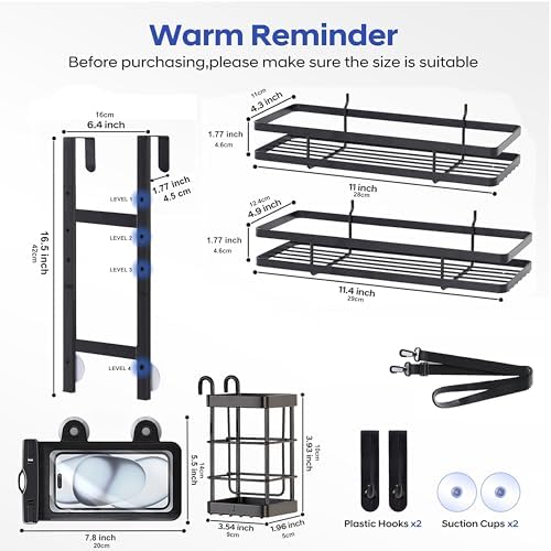 Over the Door Shower Caddy Hanging, Rustproof Shower Shelves with Waterproof Phone Pouch, 2-Tier Adjustable Bathroom Organizers and Storage, No Drilling Shower Shelf, Black Shampoo Soap Holder - Image 2