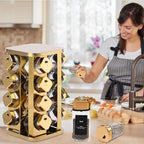 Kitchen stainless steel spice rack with 16 food grade glass cans-275 spice label-rotating vertical bracket and countertop seasoning rack cabinet tower storage rack (golden, 16) - Image 4