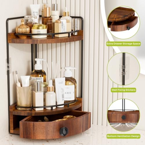 2-Tier Corner Bathroom Counter Organizer with Drawer, Acacia Wood - Image 5