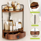 2-Tier Corner Bathroom Counter Organizer with Drawer, Acacia Wood - Image 5