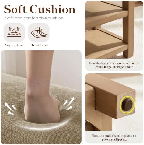Zihanhome 2 Tier Shoe Rack Bench with Cushion, Solid Wood Shoe Benches, Mid-Century Modern Shoe Storage Bench for Entryway, Hallway, Living Room, Closet, Front Door Entrance, (Brown, 31.5") - Image 7
