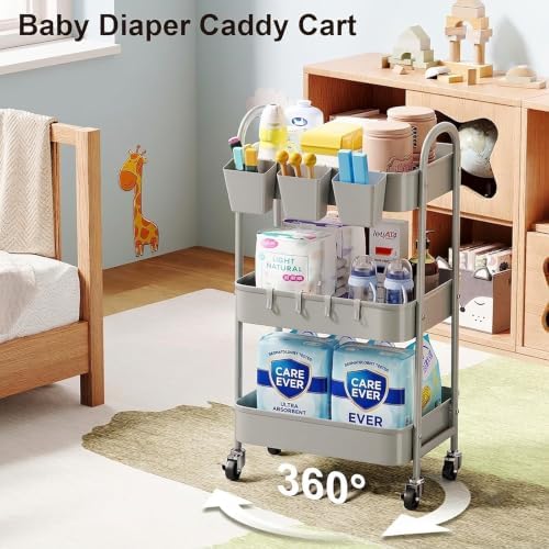 3 Tier Gray Metal Rolling Cart, Three Tiered Storage Dorm Carts with Wheels - Image 4
