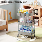 3 Tier Gray Metal Rolling Cart, Three Tiered Storage Dorm Carts with Wheels - Image 4