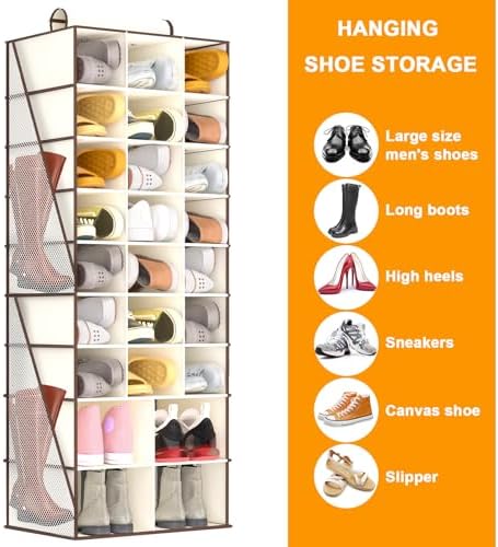 Hanging Shoe Organizer for Closet-Collapsible Storage Rack with 25 Sections & 4 Side Pockets, Hanging Shoe Shelves for Hats,and Clothes, Beige - Image 4