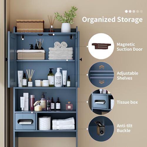 Over the Toilet Storage Cabinet,Tall Slim Bathroom Organizer with Doors, Adjustable Shelves & Built-in Toilet Paper Holder, Space-Saving Above Toilet Cabinet for Small Bathroom (Navy Blue) - Image 3